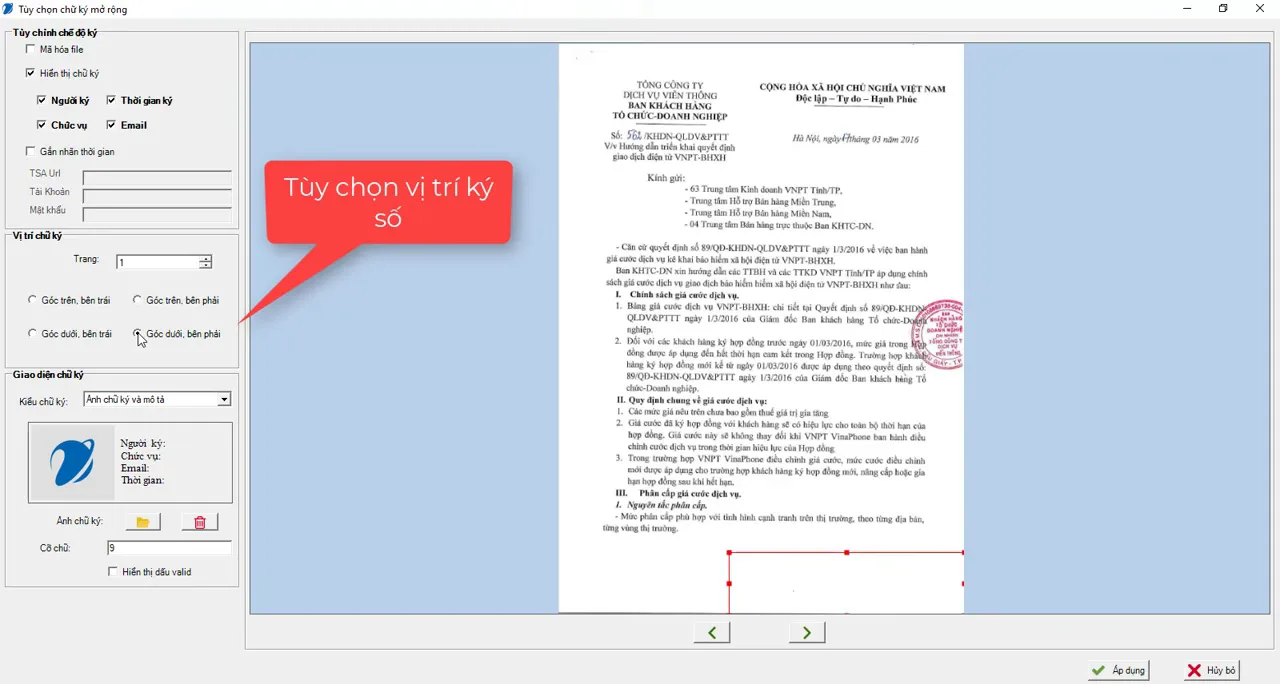 Hộp Tùy chọn chữ ký mở rộng trong video VNPT BHXH 5.0: chọn trang, vị trí và ảnh thể hiện chữ ký