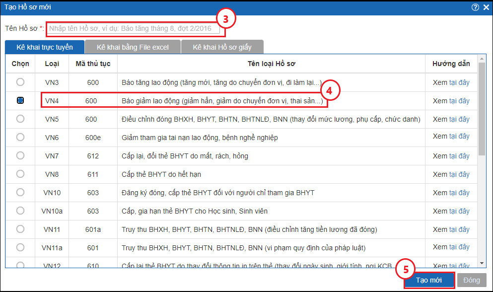 Chọn hồ sơ báo giảm VN4 trong ảnh hướng dẫn Bkav IVAN; mã và danh mục hiển thị thuộc phiên bản minh họa.