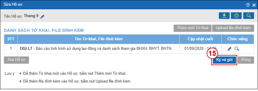 Kiểm tra hồ sơ điều chỉnh rồi chọn Ký và gửi; ảnh giao diện hướng dẫn Bkav.
