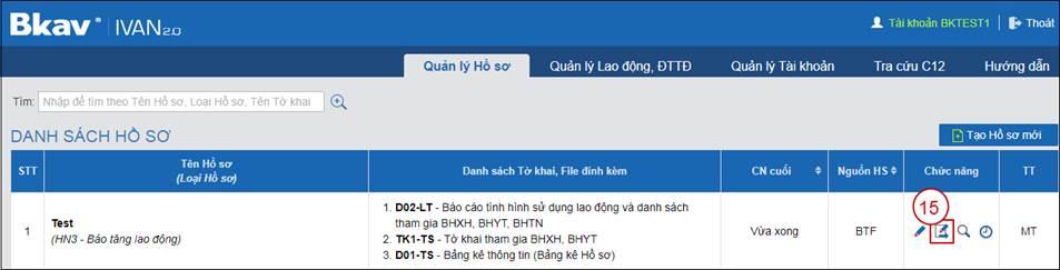 Hồ sơ nhập từ Excel xuất hiện ở trạng thái MT trong tài khoản minh họa BKTEST1 của Bkav.