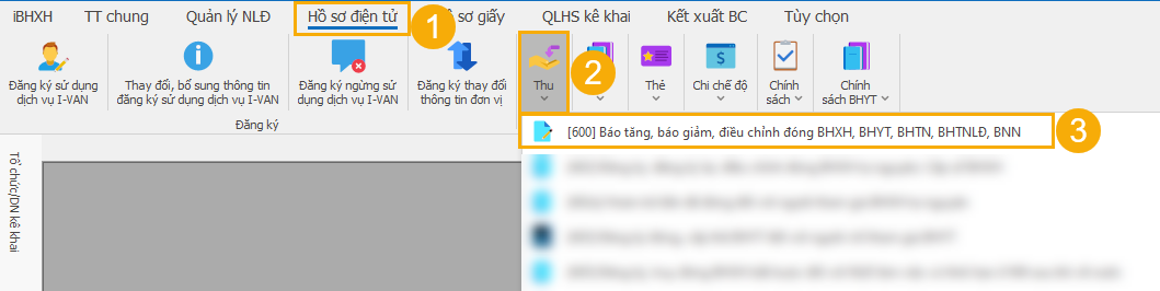 Mở thủ tục 600 từ Hồ sơ điện tử > Thu trên iBHXH