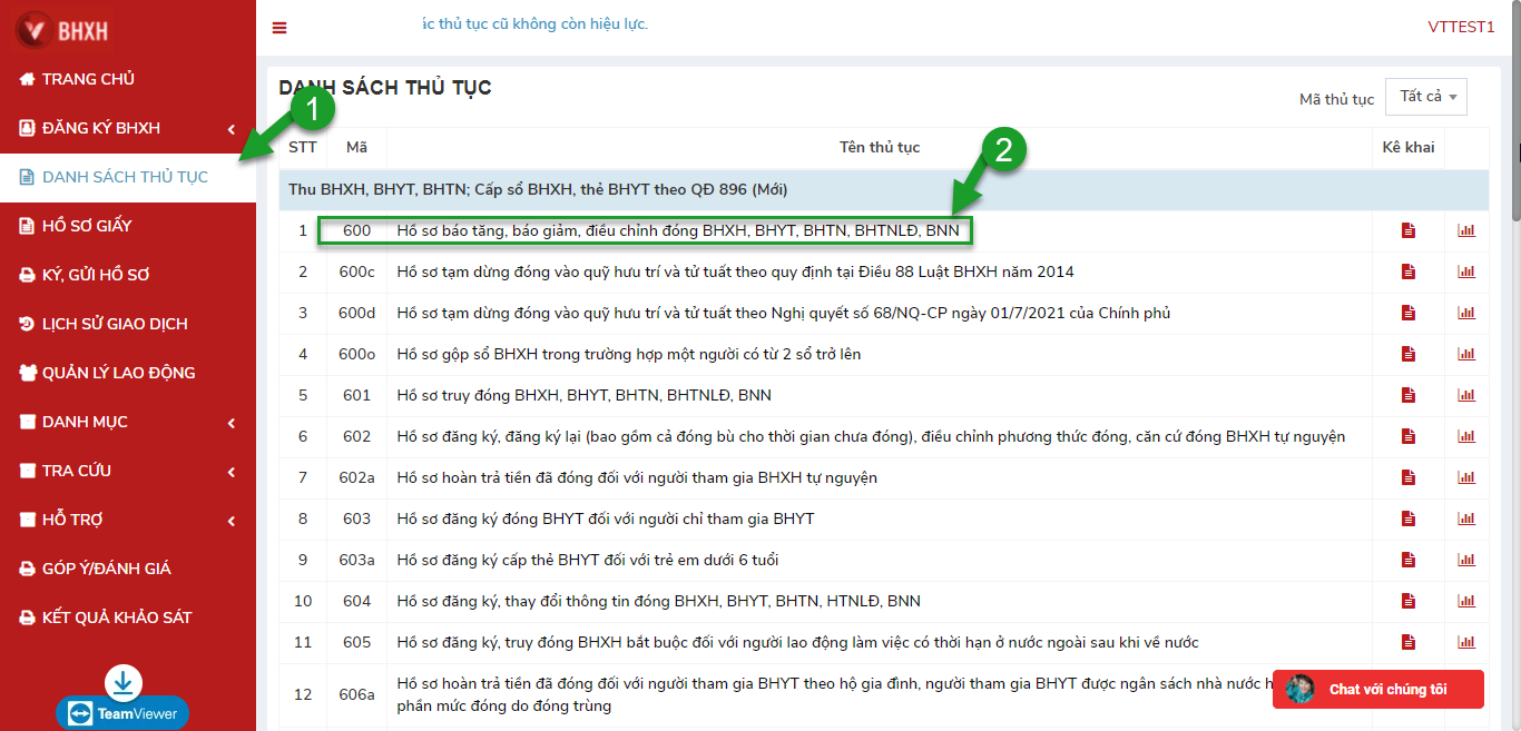 Danh mục hồ sơ thu trong tài liệu hướng dẫn web v1.9 của tài khoản mẫu VTTEST1; các mã và chính sách trong ảnh thuộc giai đoạn 2021–2022.