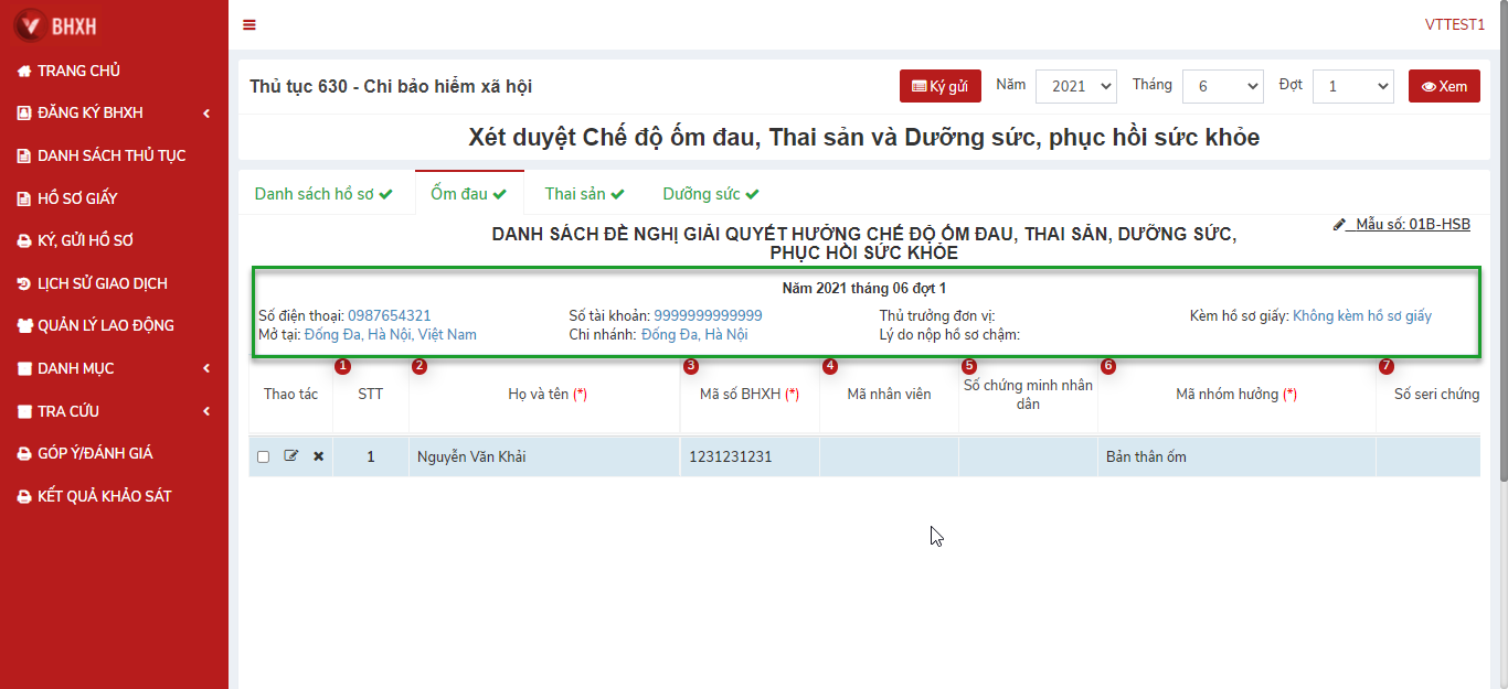 Tab Ốm đau của tài khoản mẫu VTTEST1 trong tài liệu v1.9; số liệu năm 2021 và mã minh họa không phải dữ liệu cần kê hiện tại.