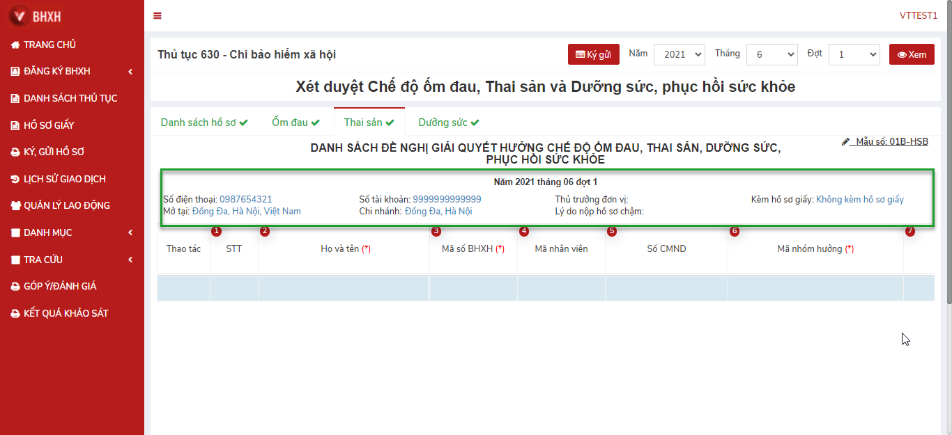 Tab Thai sản trong tài liệu hướng dẫn web v1.9; tài khoản mẫu VTTEST1 và năm 2021 minh họa phiên bản nguồn.