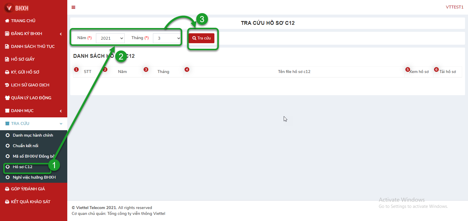 Màn Hồ sơ C12 của tài khoản mẫu VTTEST1 trong tài liệu hướng dẫn v1.9; không có dữ liệu người lao động hoặc kết quả thật.