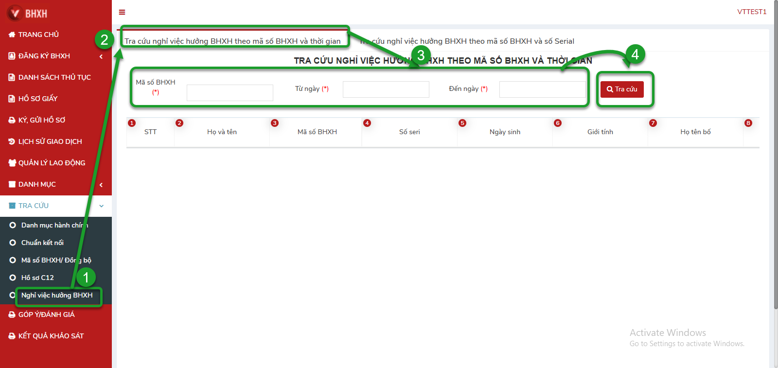 Tab tra cứu theo thời gian trong tài liệu hướng dẫn web v1.9, điều kiện tìm và kết quả đều trống.