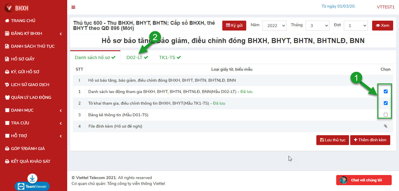 Chọn biểu mẫu trong hồ sơ tăng, giảm, điều chỉnh vBHXH