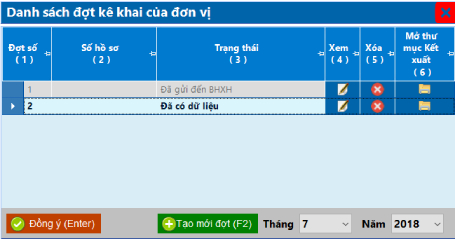 Danh sách đợt kê khai VNPT-BHXH và ô chọn tháng, năm